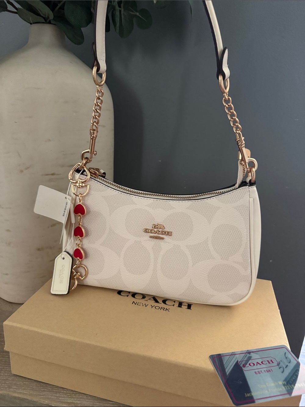 Coach Cream Signature Mini Shoulder Bag with Red Heart Charm - Picture 2 of 11